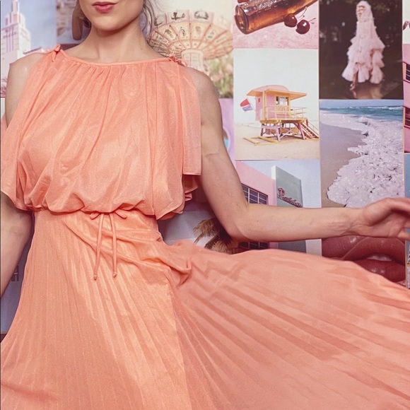 VINTAGE 1970s NEW Salmon Coral Orange Pink Pleated Grecian Bridesmaid Maxi Dress - Picture 3 of 10